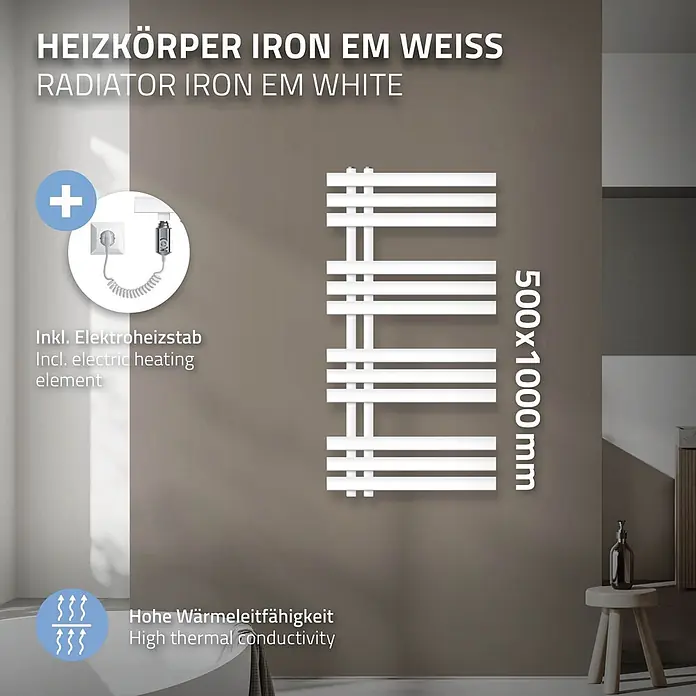 LuxeBath Elektro-Badheizkörper Design Handtuchheizkörper Handtuchwärmer Elektrisch mit Heizstab 300W - B x H: 50 x 100 mm - Weißer Heizkörper Iron EM (500x1000mm) mit Elektroheizstab und hoher Wärmeleitfähigkeit.