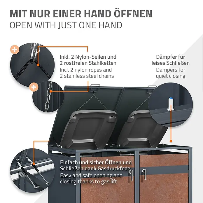ML-Design Mülltonnenbox Mülltonnencontainer mit Klappdeckel/Tür für 2 Tonne 120 oder 240 Liter - Stahl, Anthrazit, Rot-Braun, Geeignet für Anzahl Mülltonnen: 2 Stk. - Dunkelgraue und braune Mülltonnenbox mit Gasdruckfeder, sanft schließenden Dämpfern und internen Deckelseilen.