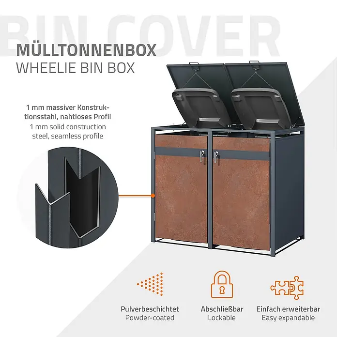 ML-Design Mülltonnenbox Mülltonnencontainer mit Klappdeckel/Tür für 2 Tonne 120 oder 240 Liter - Stahl, Anthrazit, Rot-Braun, Geeignet für Anzahl Mülltonnen: 2 Stk. - Dunkelgraue Mülltonnenbox aus pulverbeschichtetem Stahl mit braunen Paneelen, zwei Fächern und offenen Deckeln, 1mm massiv, abschließbar und erweiterbar.