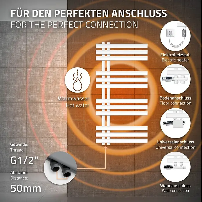 LuxeBath Elektro-Badheizkörper Design Handtuchheizkörper Handtuchwärmer Elektrisch mit Heizstab 300W - B x H: 50 x 100 mm - Weißer Heizkörper zeigt Elektro-, Warmwasser-, Boden-, Universal- und Wandanschluss. Gewinde G1/2", Abstand 50mm.