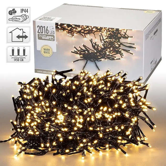 ECD Germany LED-Clusterlichterkette 2016 LEDs 14,5m für Innen & Außen IP44 Warmweiß - Außen, 2.016 Stk., Netzbetrieben - Warmweiße LED-Lichterkette (2016 LEDs, 14,5m lang) auf einer Produktverpackung.