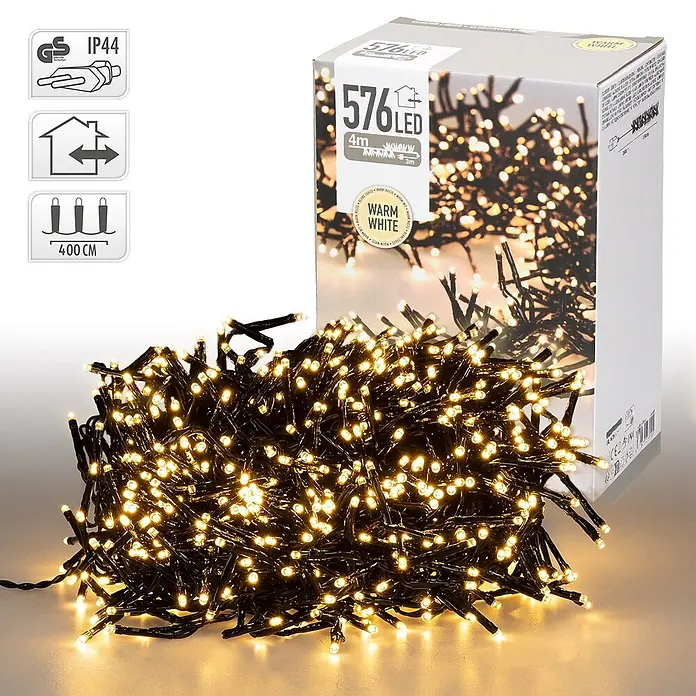 ECD Germany LED-Clusterlichterkette 576 LEDs 4m für Innen & Außen IP44 Warmweiß - Außen, 576 Stk., Netzbetrieben - 576 warmweiße LED Lichterkette mit schwarzem Kabel, zusammen mit der weißen Produktverpackung.