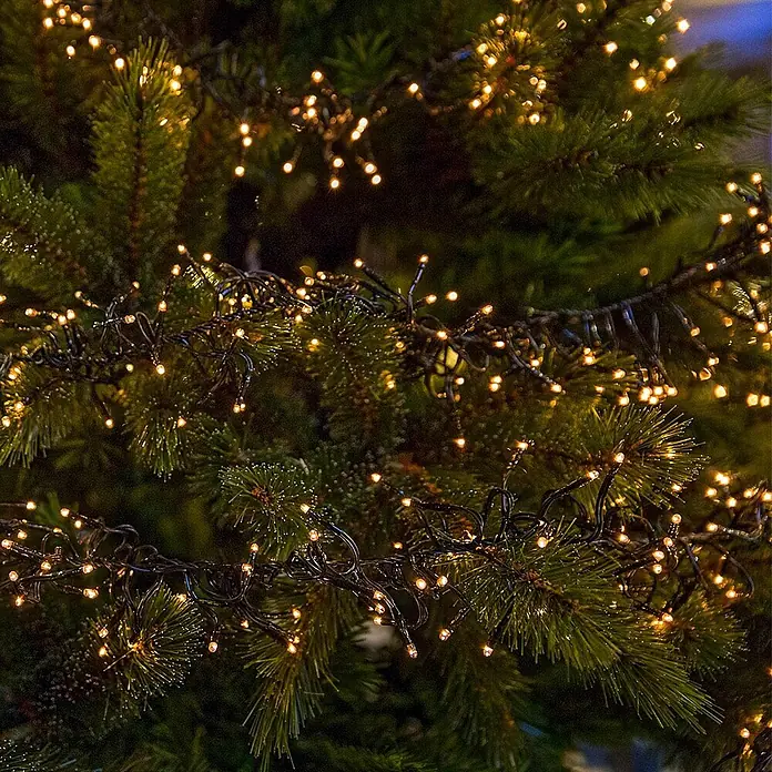 ECD Germany LED-Clusterlichterkette 576 LEDs 4m für Innen & Außen IP44 Warmweiß - Außen, 576 Stk., Netzbetrieben - Warmweiße LED-Lichterkette auf grünen Weihnachtsbaumzweigen.