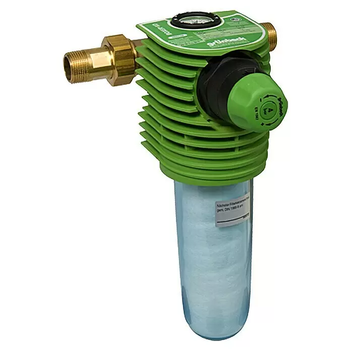 Grünbeck Filtro fino - 1″, Con reductor de presión - Filtro de agua verde con conexiones de latón, recipiente transparente y elemento filtrante blanco en el interior. Incluye un pomo verde de ajuste.