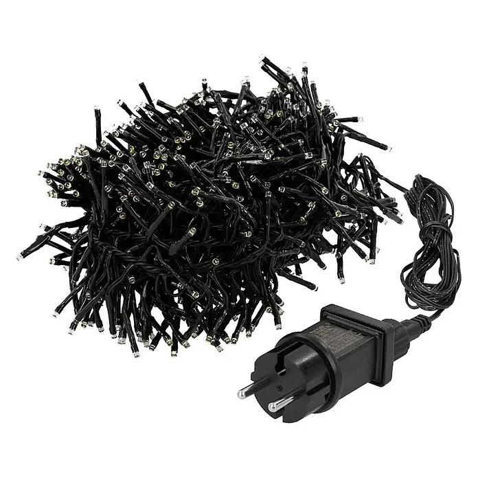 LED Cluster Lichterkette 5,5m 768 LED Warmweiß Wetterfest Innen/Außen -  - Schwarze LED-Lichterkette mit warmweißen Glühbirnen und schwarzem Netzteil, gebündelt.