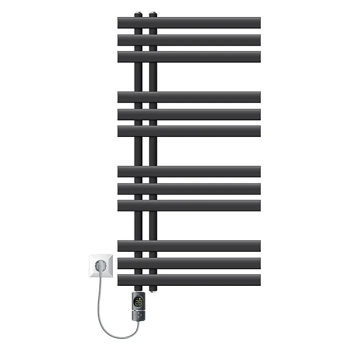 LuxeBath Elektro-Badheizkörper Handtuchheizkörper Elektrisch mit Heizstab 500x1000 mm Anthrazit 600W -  - Dunkelgrauer Elektro-Handtuchwärmer mit Querstreben, Vertikalrohren, Digitalthermostat und Netzstecker.