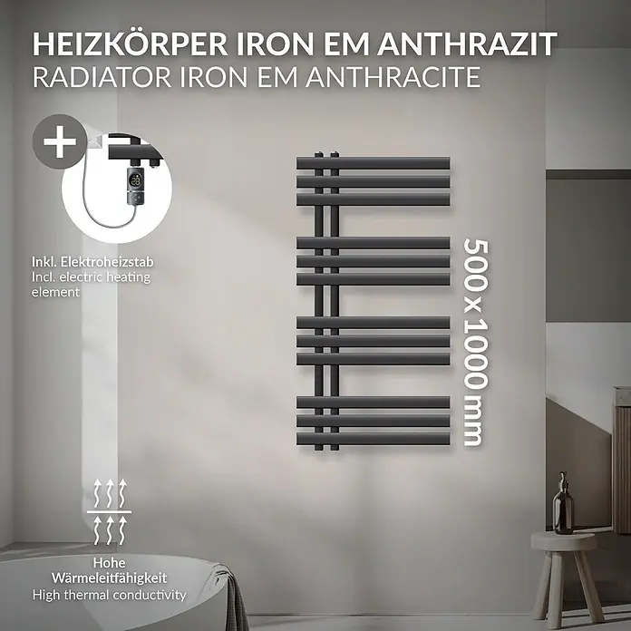LuxeBath Elektro-Badheizkörper Handtuchheizkörper Elektrisch mit Heizstab 500x1000 mm Anthrazit 600W -  - Anthrazitfarbener Elektroheizkörper, 500x1000 mm, mit hoher Wärmeleitfähigkeit.