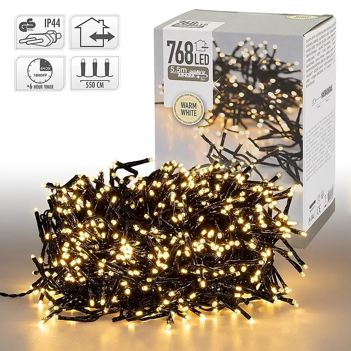 LED Cluster Lichterkette 5,5m 768 LED Warmweiß Wetterfest Innen/Außen -  - Warmweiße 768 LED Cluster-Lichterkette, 5,5 m lang, für Innen- und Außenbereich.