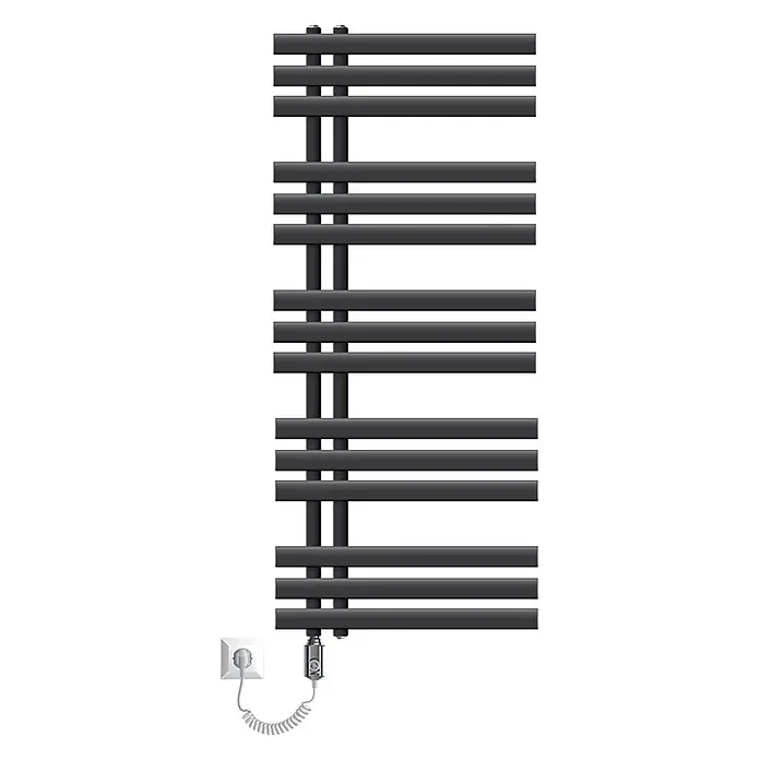 LuxeBath Elektro-Badheizkörper Handtuchheizkörper Elektrisch mit Heizstab 500x1200mm Anthrazit 1200 W - B x H: 50 x 120 mm - Schwarzer Elektro-Handtuchwärmer mit flachen Querstreben, an Steckdose angeschlossen.