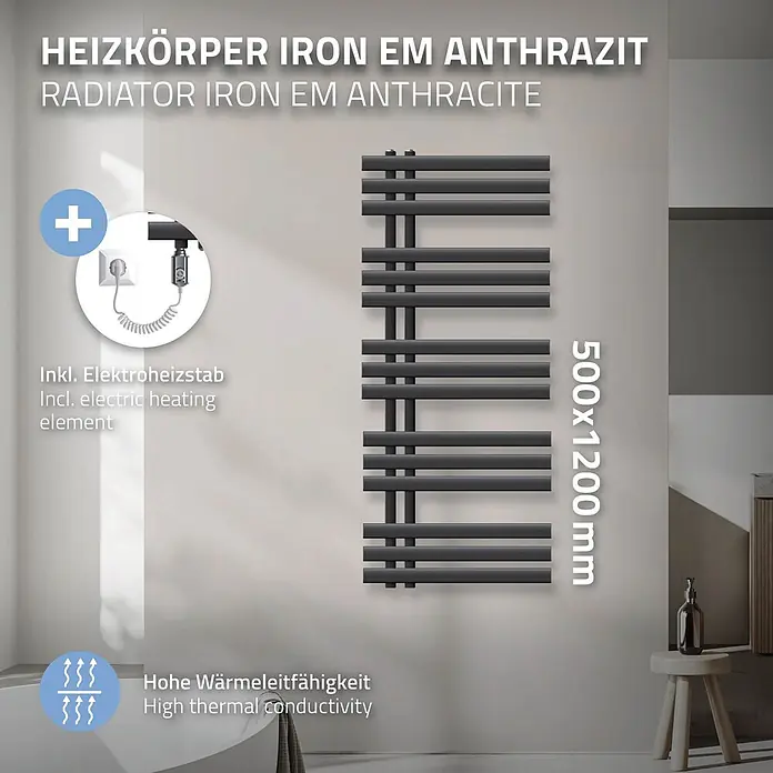 LuxeBath Elektro-Badheizkörper Handtuchheizkörper Elektrisch mit Heizstab 500x1200mm Anthrazit 1200 W - B x H: 50 x 120 mm - Anthrazitfarbener Eisenheizkörper (500x1200mm) mit Elektroheizstab, an der Wand montiert.