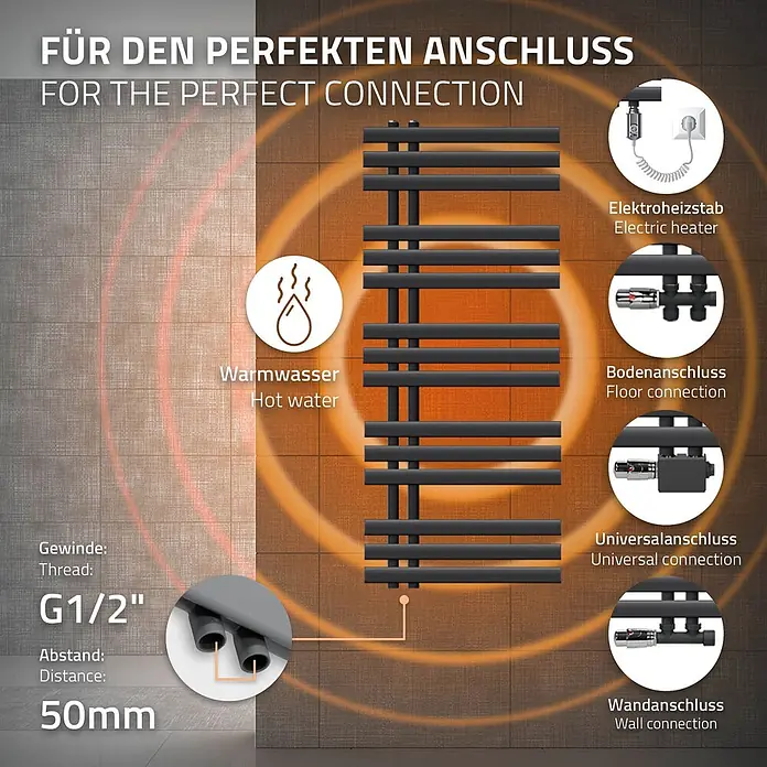 LuxeBath Elektro-Badheizkörper Handtuchheizkörper Elektrisch mit Heizstab 500x1200mm Anthrazit 1200 W - B x H: 50 x 120 mm - Schwarzer Handtuchheizkörper mit G1/2" Gewinde, 50mm Abstand, zeigt Optionen für Warmwasser-, Elektro-, Boden-, Universal- und Wandanschlüsse.