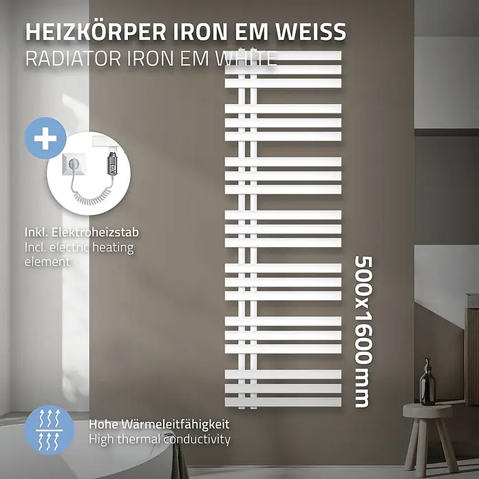 LuxeBath Elektro-Badheizkörper Handtuchheizkörper Elektrisch mit Heizstab 500x1600 Weiß 900W -  - Weißer elektrischer Heizkörper (500x1600mm) mit hoher Wärmeleitfähigkeit, in einem Raum gezeigt.