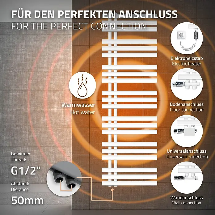 LuxeBath Elektro-Badheizkörper Handtuchheizkörper Elektrisch mit Heizstab 500x1600 Weiß 900W -  - Weißer Handtuchheizkörper mit Installationsdetails, inklusive Anschlussarten (Warmwasser, Elektro) und Maßen (G1/2" Gewinde, 50mm Abstand).