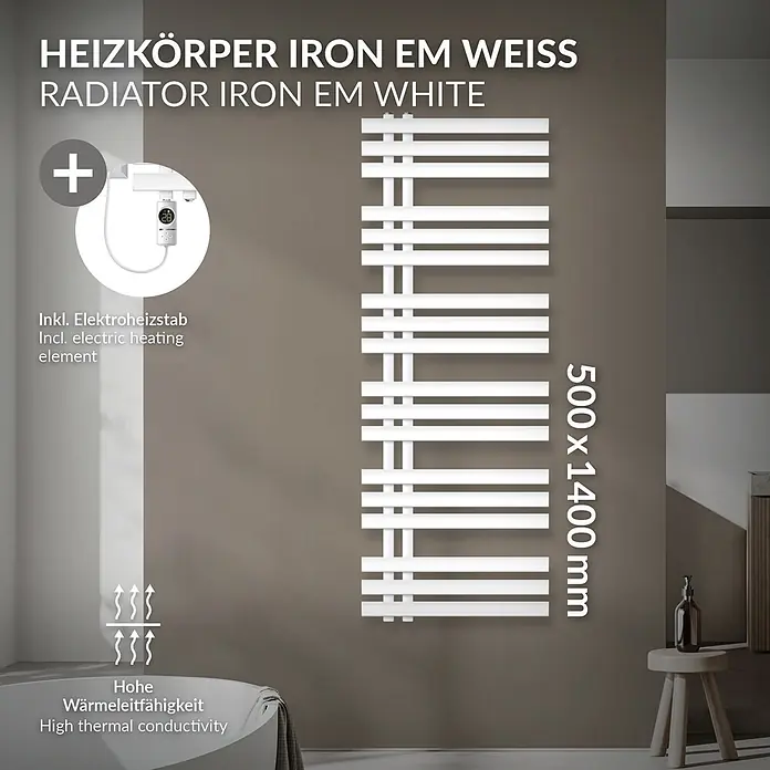 LuxeBath Elektro-Badheizkörper Design Handtuchheizkörper Handtuchwärmer Elektrisch mit Heizstab 900W -  - Weißer Heizkörper Iron EM (500x1400mm) an Wand, inkl. Elektroheizstab und hoher Wärmeleitfähigkeit.