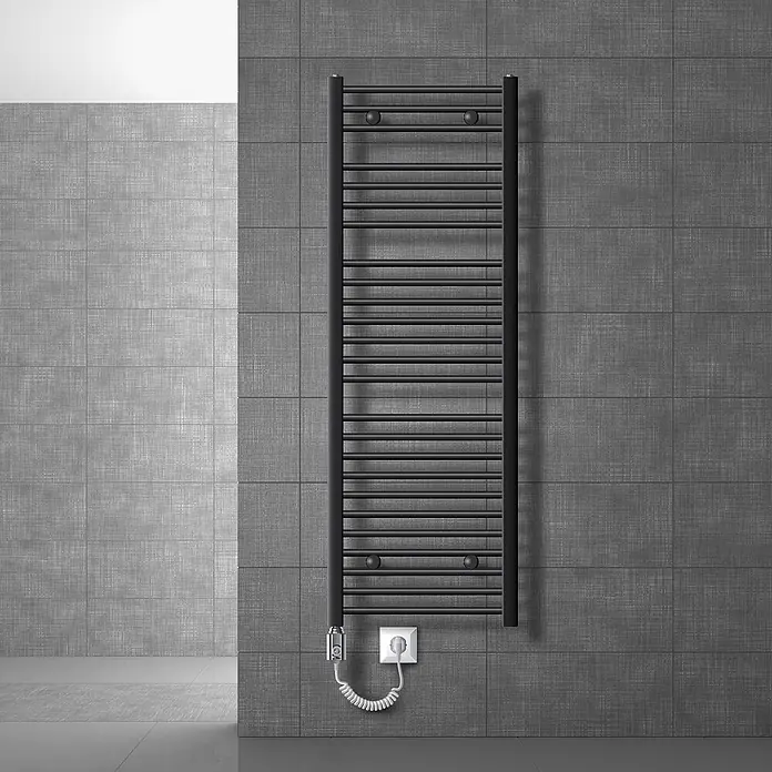 LuxeBath Elektro-Badheizkörper Designheizkörper Handtuchtrockner Handtuchheizkörper Handtuchheizung - B x H: 50 x 150 mm - Schwarzer, wandmontierter elektrischer Handtuchwärmer mit Spiralkabel und Stecker.
