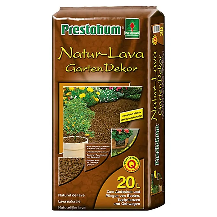 Prestohum Bodenabdeckung Naturlava - 20 l - Bild einer Packung Prestohum Natur-Lava Garten Dekor, ideal für die Beetabdeckung und -pflege mit 20 Litern Inhalt.