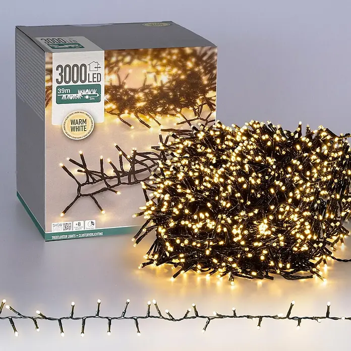 LED Cluster Lichterkette 39m 3000LED Warmweiß mit Timer 8 Modi Außen -  - 3000 warmweiße LED-Lichterkette mit dunklen Kabeln, aufgerollt und gestreckt gezeigt. Mit 8 Funktionen und Timer.