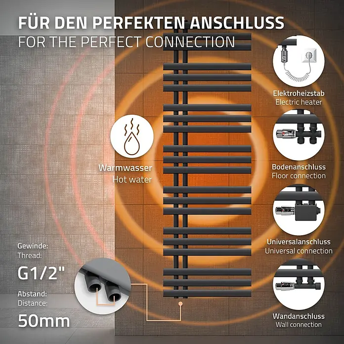 LuxeBath Elektro-Badheizkörper Handtuchheizkörper Elektrisch mit Heizstab 500x1600 Anthrazit 1200 W -  - Schwarzer Handtuchheizkörper an einer gefliesten Wand, zeigt verschiedene Anschlussmöglichkeiten für Warmwasser und Elektrobetrieb sowie technische Daten.