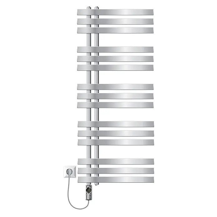 LuxeBath Elektro-Badheizkörper Design Handtuchheizkörper Handtuchwärmer Elektrisch mit Heizstab 900W - B x H: 50 x 120 mm - Silberner elektrischer Handtuchheizkörper mit horizontalen Stäben, digitalem Thermostat und Netzstecker.