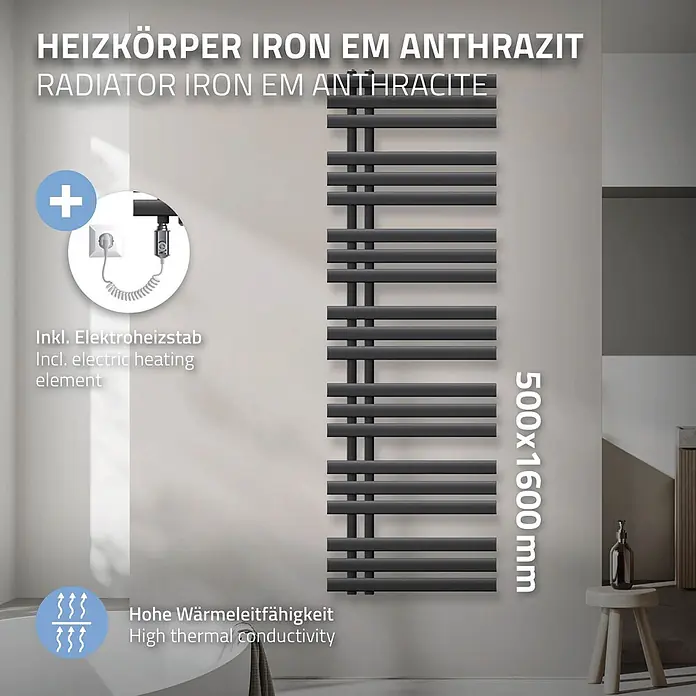 LuxeBath Elektro-Badheizkörper Handtuchheizkörper Elektrisch mit Heizstab 500x1600 Anthrazit 1200 W -  - Hoher, anthrazitfarbener Elektroheizkörper aus Eisen (500x1600 mm) mit hoher Wärmeleitfähigkeit, an einer Wand montiert.