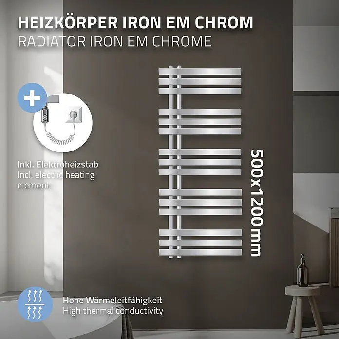 Badheizkörper elektrisch 500x1200mm Chrome + Heizstab 900W einfach -  - Schlanker Chromheizkörper (500x1200mm) an der Wand, mit Elektroheizstab und hoher Wärmeleitfähigkeit.