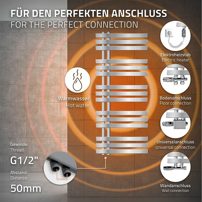 Badheizkörper elektrisch 500x1200mm Chrome + Heizstab 900W einfach -  - Silberner Handtuchheizkörper mit verschiedenen Anschlussmöglichkeiten für Warmwasser oder Elektrobetrieb.