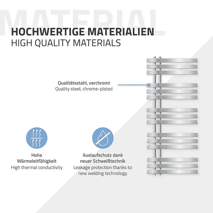Badheizkörper elektrisch 500x1200mm Chrome + Heizstab 900W einfach -  - Verchromter Handtuchheizkörper aus Qualitätsstahl mit hoher Wärmeleitfähigkeit und Auslaufschutz.