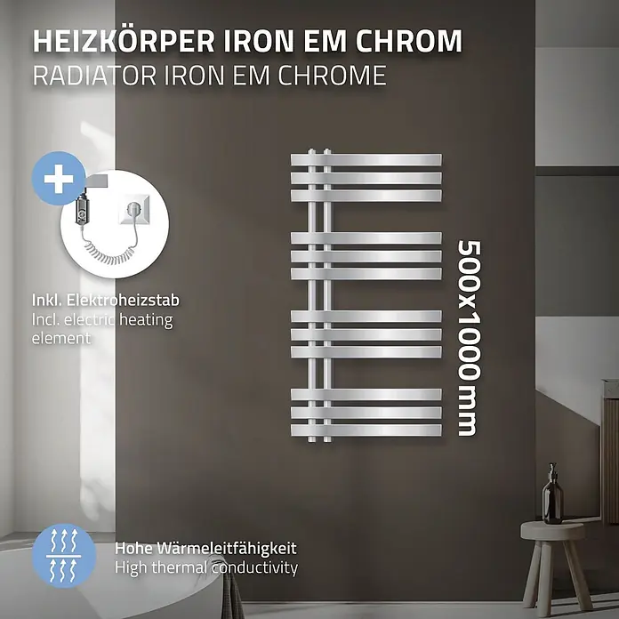 LuxeBath Elektro-Badheizkörper Design Handtuchheizkörper Handtuchwärmer Elektrisch mit Heizstab 300W - B x H: 50 x 100 cm - Eisen-Em-Chrom-Heizkörper, 500x1000 mm, mit Elektroheizstab, im Badezimmer.