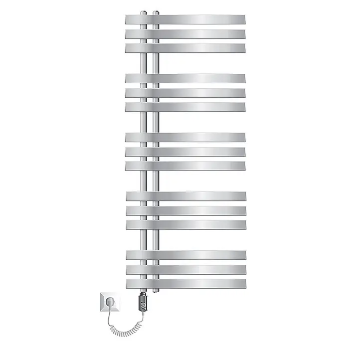 Badheizkörper elektrisch 500x1200mm Chrome + Heizstab 900W einfach -  - Elektrischer Handtuchwärmer in Silber mit flachen Querstreben und Spiralkabel zum Einstecken.