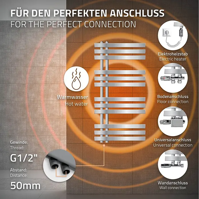 LuxeBath Elektro-Badheizkörper Design Handtuchheizkörper Handtuchwärmer Elektrisch mit Heizstab 300W - B x H: 50 x 100 cm - Silberner Handtuchheizkörper zeigt verschiedene Anschlussarten (Warmwasser, Elektro, Boden, Universal, Wand) und Maße (G1/2 Gewinde, 50mm Abstand).