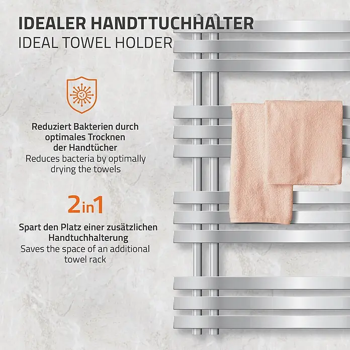 LuxeBath Elektro-Badheizkörper Design Handtuchheizkörper Handtuchwärmer Elektrisch mit Heizstab 300W - B x H: 50 x 100 cm - Silberner Handtuchwärmer mit zwei pfirsichfarbenen Handtüchern, ideal zum Trocknen und platzsparend.