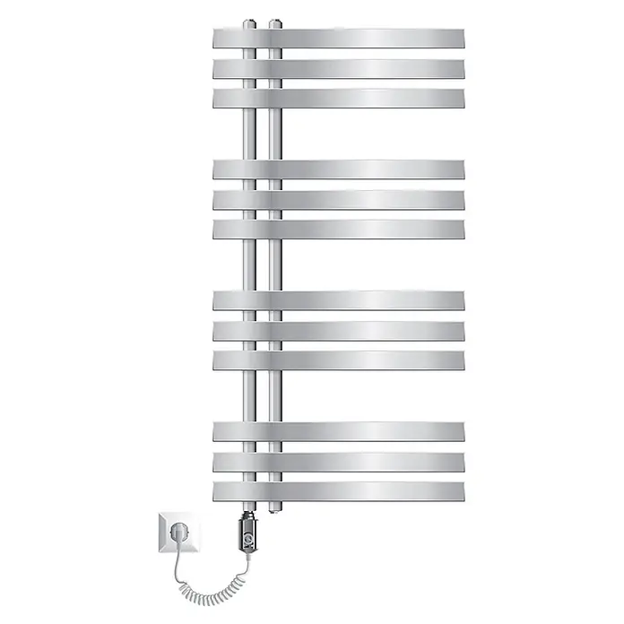 LuxeBath Elektro-Badheizkörper Design Handtuchheizkörper Handtuchwärmer Elektrisch mit Heizstab 600W - B x H: 50 x 100 cm - Silberner elektrischer Handtuchheizkörper mit horizontalen Stangen und Spiralkabel zur Steckdose.