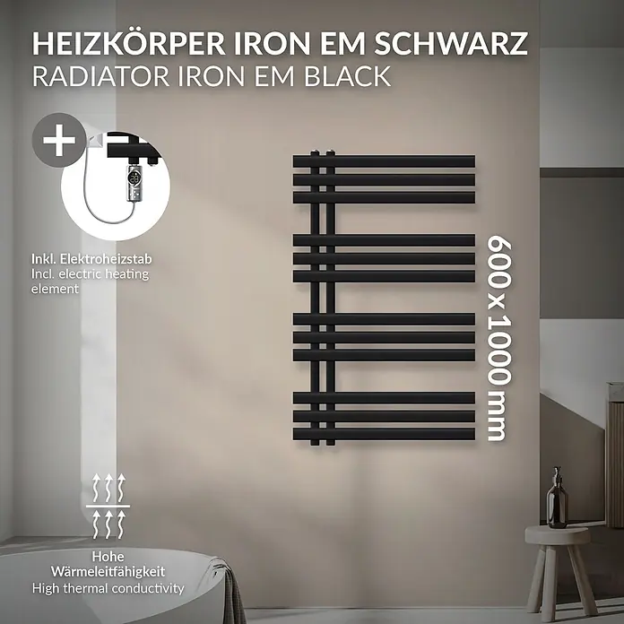 LuxeBath Elektro-Badheizkörper Design Handtuchheizkörper Handtuchwärmer Elektrisch mit Heizstab 300W -  - Schwarzer Design-Heizkörper (600x1000 mm) mit hoher Wärmeleitfähigkeit und Elektroheizstab.