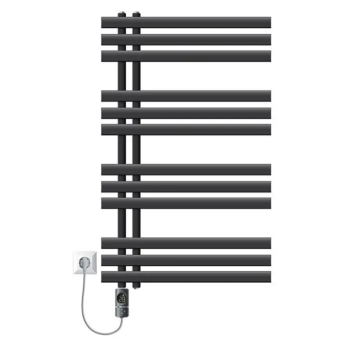 LuxeBath Elektro-Badheizkörper Design Handtuchheizkörper Handtuchwärmer Elektrisch mit Heizstab 600W -  - Schwarzer elektrischer Handtuchheizkörper mit Digitalthermostat ('28') und Stecker in der Steckdose.