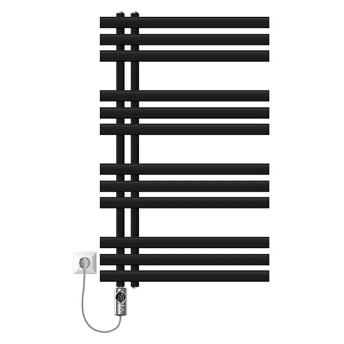 LuxeBath Elektro-Badheizkörper Design Handtuchheizkörper Handtuchwärmer Elektrisch mit Heizstab 300W -  - Schwarzer elektrischer Handtuchheizkörper mit horizontalen Stangen, vertikalem Heizelement und digitalem Thermostat, an Steckdose angeschlossen.
