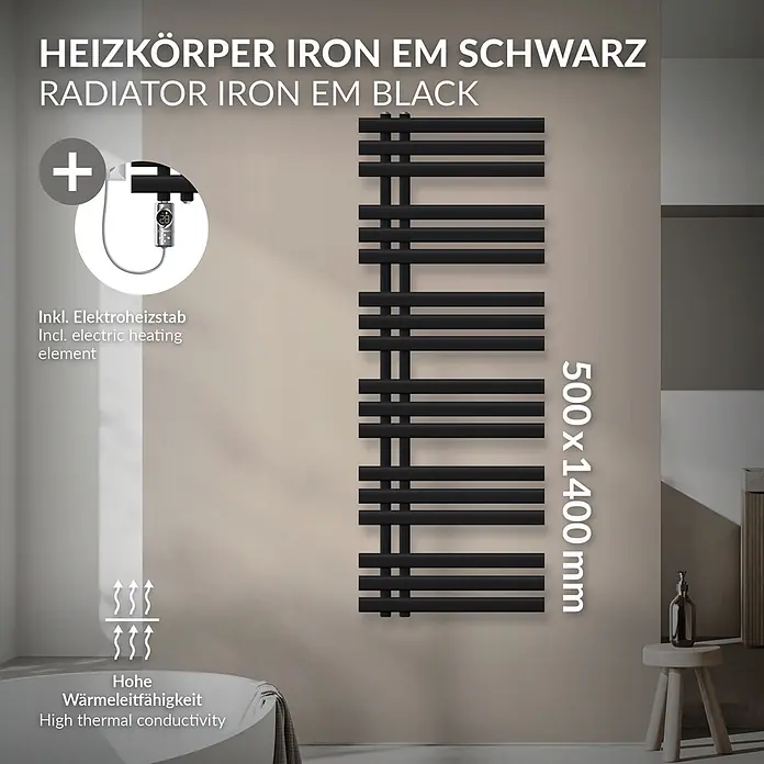LuxeBath Badheizkörper Iron EM 500x1400mm Schwarz 1200W Chrom Thermostat -  - Schwarzer Elektroheizkörper mit modernem Design, inkl. Elektroheizstab und hoher Wärmeleitfähigkeit, 500x1400mm.