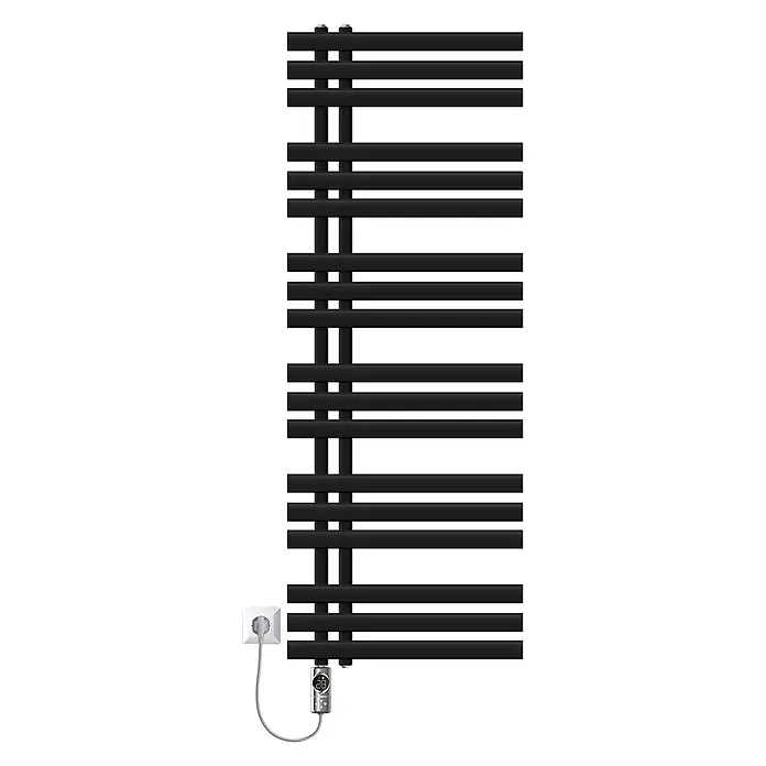 LuxeBath Badheizkörper Iron EM 500x1400mm Schwarz 1200W Chrom Thermostat -  - Schwarzer elektrischer Handtuchheizkörper mit horizontalen Stangen und zwei vertikalen Kollektoren, digitalem Thermostat und Netzstecker.