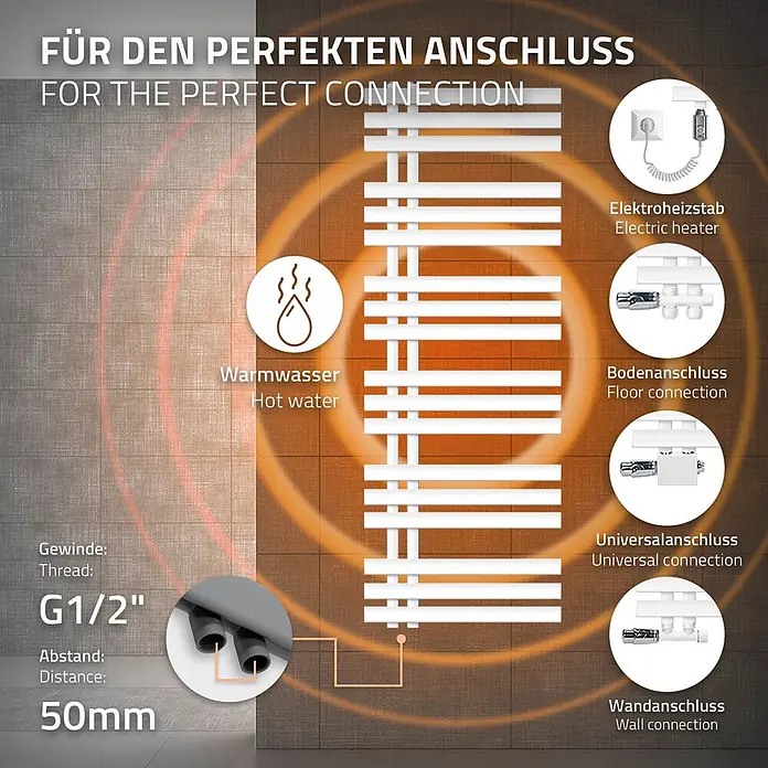 LuxeBath Elektro-Badheizkörper Design Handtuchheizkörper Handtuchwärmer Elektrisch mit Heizstab 1200W - B x H: 50 x 140 mm - Weißer Handtuchheizkörper mit verschiedenen Anschlussmöglichkeiten für Warmwasser und Elektrobetrieb, inklusive technischer Details und Maße.