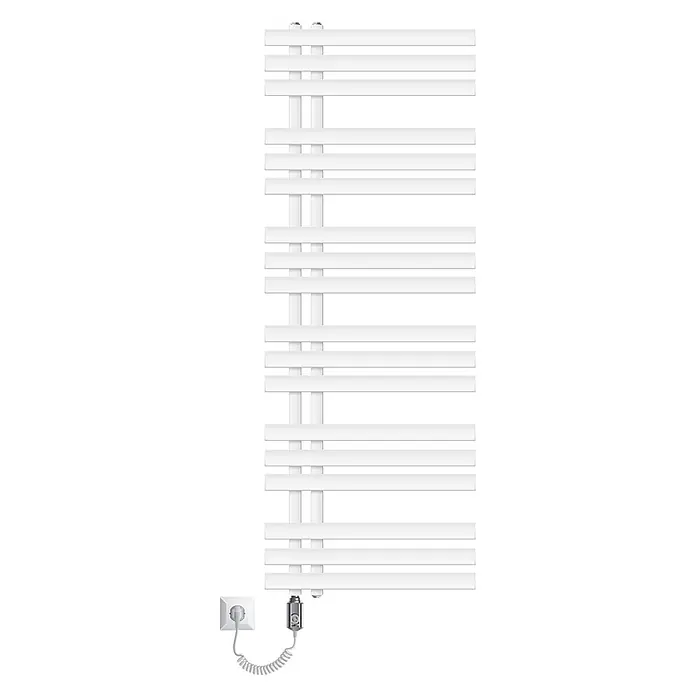 LuxeBath Elektro-Badheizkörper Design Handtuchheizkörper Handtuchwärmer Elektrisch mit Heizstab 1200W - B x H: 50 x 140 mm - Weißer elektrischer Handtuchwärmer mit flachen Querstreben und gewickeltem Netzkabel zum Anschluss an eine Steckdose.