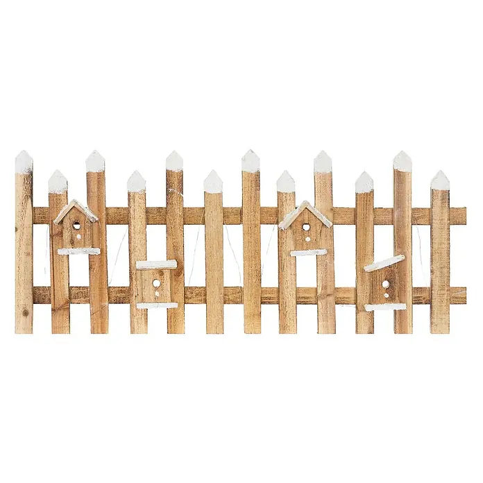 ECD Germany LED-Weihnachtsdekofigur Deko Holz Zaun Mini Gartenzaun Mini-Lattenzaun - 98 x 4 x 39 cm, Braun, Netzbetrieben, LED - Hölzerne Lattenzaun-Dekoration mit drei kleinen Vogelhäuschen und weißen Kunstschnee-Akzenten.