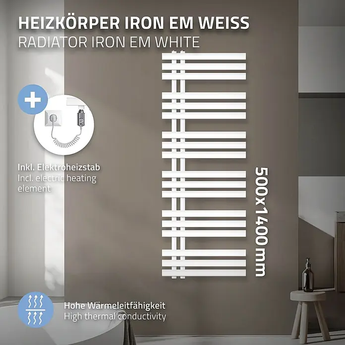 LuxeBath Elektro-Badheizkörper Design Handtuchheizkörper Handtuchwärmer Elektrisch mit Heizstab 1200W - B x H: 50 x 140 mm - Weißer elektrischer Radiator (500x1400mm) mit hoher Wärmeleitfähigkeit und inkludiertem Heizelement, an einer Wand montiert.