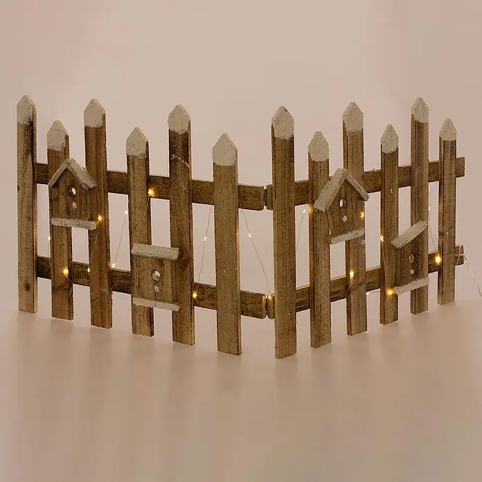 ECD Germany LED-Weihnachtsdekofigur Deko Holz Zaun Mini Gartenzaun Mini-Lattenzaun - 98 x 4 x 39 cm, Braun, Netzbetrieben, LED - Dekorativer Holzzaun mit Kunstschnee, Miniatur-Vogelhäuschen und Lichterkette.
