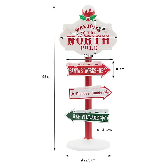 ECD Germany LED-Weihnachtsdekofigur LED Wegweiser Weihnachtsbeleuchtung Nordpol Schild Deko - Weiß, Rot, Grün, Netzbetrieben, LED - Rot-weißes dekoratives Nordpol-Wegweiser mit Richtungspfeilen für Weihnachtswerkstatt, Rentierstall und Elfenstadt, mit Schneedetails.