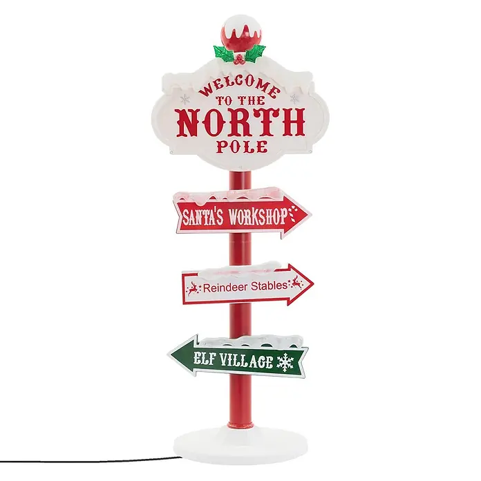 ECD Germany LED-Weihnachtsdekofigur LED Wegweiser Weihnachtsbeleuchtung Nordpol Schild Deko - Weiß, Rot, Grün, Netzbetrieben, LED - Weihnachtlicher Nordpol-Wegweiser mit Pfeilen zu Santas Werkstatt, Rentierstall und Elfenstadt. Rot-weiß mit Kunstschnee-Akzenten.