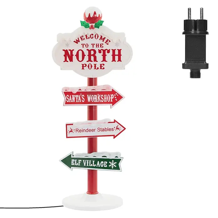 ECD Germany LED-Weihnachtsdekofigur LED Wegweiser Weihnachtsbeleuchtung Nordpol Schild Deko - Weiß, Rot, Grün, Netzbetrieben, LED - Rot-weißer 'North Pole' Wegweiser zu Santas Werkstatt, Rentierstall und Elfenstadt, mit Schnee-Details. Netzteil inklusive.