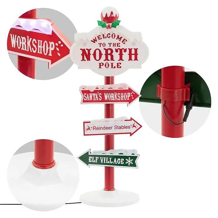 ECD Germany LED-Weihnachtsdekofigur LED Wegweiser Weihnachtsbeleuchtung Nordpol Schild Deko - Weiß, Rot, Grün, Netzbetrieben, LED - Rot-weißes Nordpol-Wegweiser mit Richtungspfeilen zu Weihnachtswerkstatt, Rentierstall und Elfendorf, mit Schnee-Details und Lichtern.