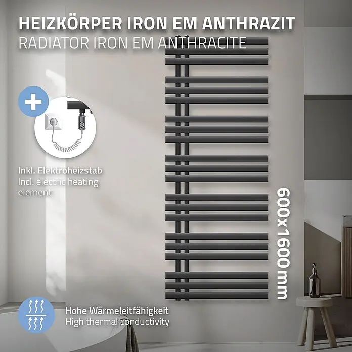 LuxeBath Elektro-Badheizkörper Handtuchheizkörper Elektrisch mit Heizstab 600x1600 Anthrazit 1200 W - B x H: 60 x 160 mm - Anthrazitfarbener Eisenheizkörper, 600x1600 mm, mit Elektroheizstab und hoher Wärmeleitfähigkeit, an der Wand montiert.