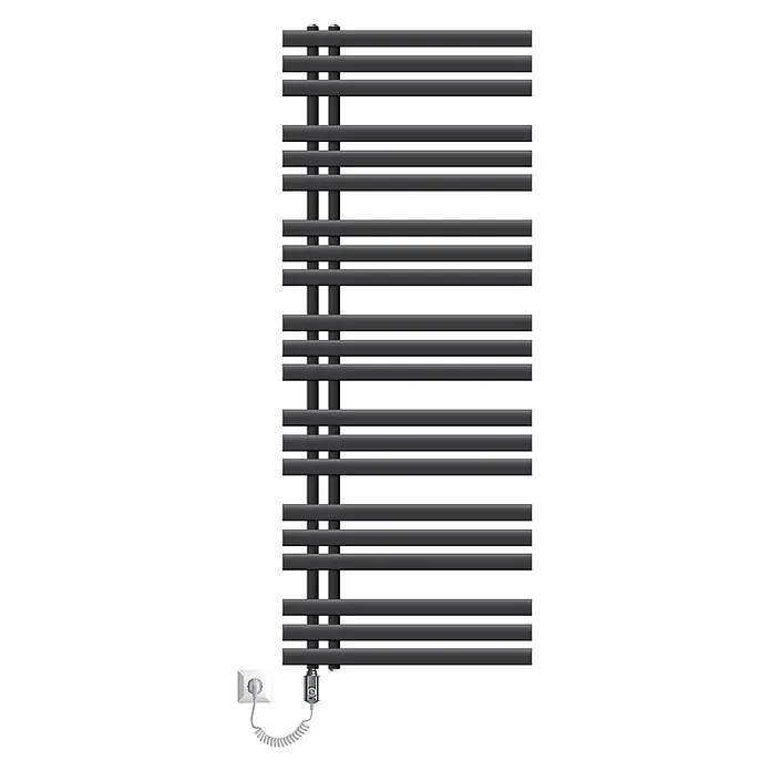 LuxeBath Elektro-Badheizkörper Handtuchheizkörper Elektrisch mit Heizstab 600x1600 Anthrazit 1200 W - B x H: 60 x 160 mm - Dunkelgrauer elektrischer Handtuchheizkörper mit Querstreben und Spiralkabel zur Steckdose.