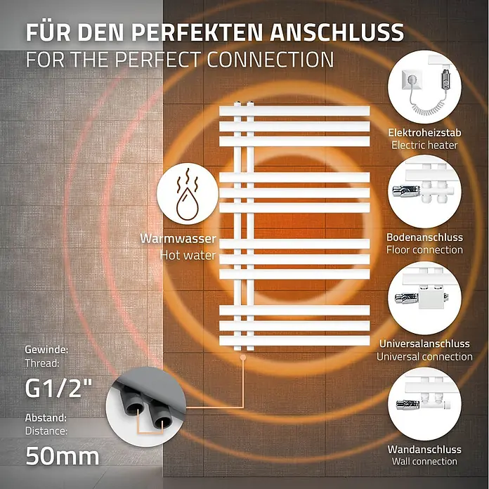 LuxeBath Elektro-Badheizkörper Design Handtuchheizkörper Handtuchwärmer Elektrisch mit Heizstab 300W - B x H: 60 x 100 mm - Weißer Handtuchheizkörper mit Optionen für Warmwasser, Elektroheizstab, Boden-, Universal- und Wandanschluss; Gewinde G1/2", Abstand 50mm.