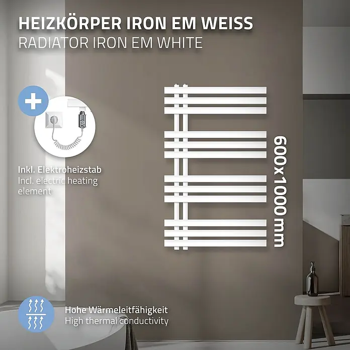 LuxeBath Elektro-Badheizkörper Design Handtuchheizkörper Handtuchwärmer Elektrisch mit Heizstab 300W - B x H: 60 x 100 mm - Weißer elektrischer Eisen-Handtuchheizkörper, 600x1000mm, mit hoher Wärmeleitfähigkeit, an einer Wand im Bad montiert.